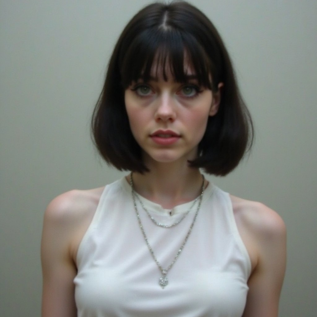 1woman,medium hair,bob cut,black hair,green eyes,white dress,necklace,Subtle vignetting,Muted tones,Overcast lighting,Light bleed,Faded edges
