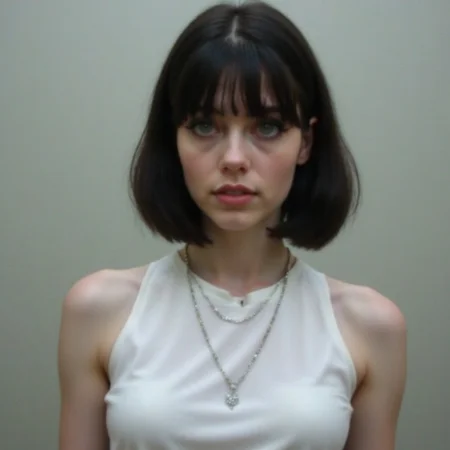 1woman,medium hair,bob cut,black hair,green eyes,white dress,necklace,Subtle vignetting,Muted tones,Overcast lighting,Light bleed,Faded edges