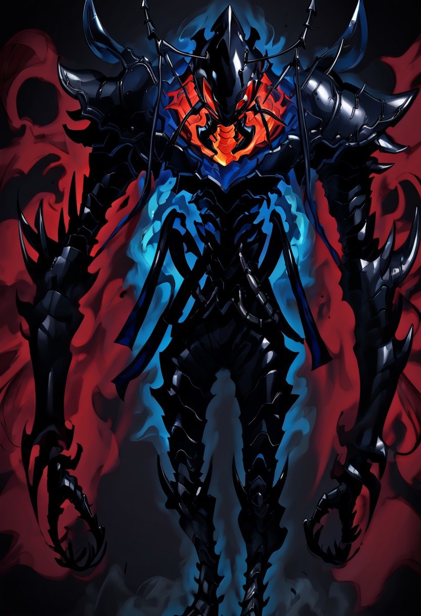 ant king beru,blue eyes, red eyes, gradient, black background, full armor, manga, solo, shirt, spikes, anime style, muscular male, fire, holding, helmet,shadow
