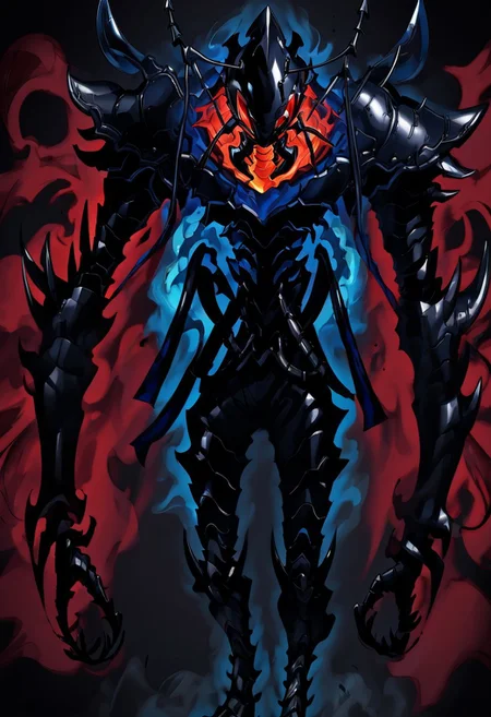 ant king beru,blue eyes, red eyes, gradient, black background, full armor, manga, solo, shirt, spikes, anime style, muscular male, fire, holding, helmet,shadow
