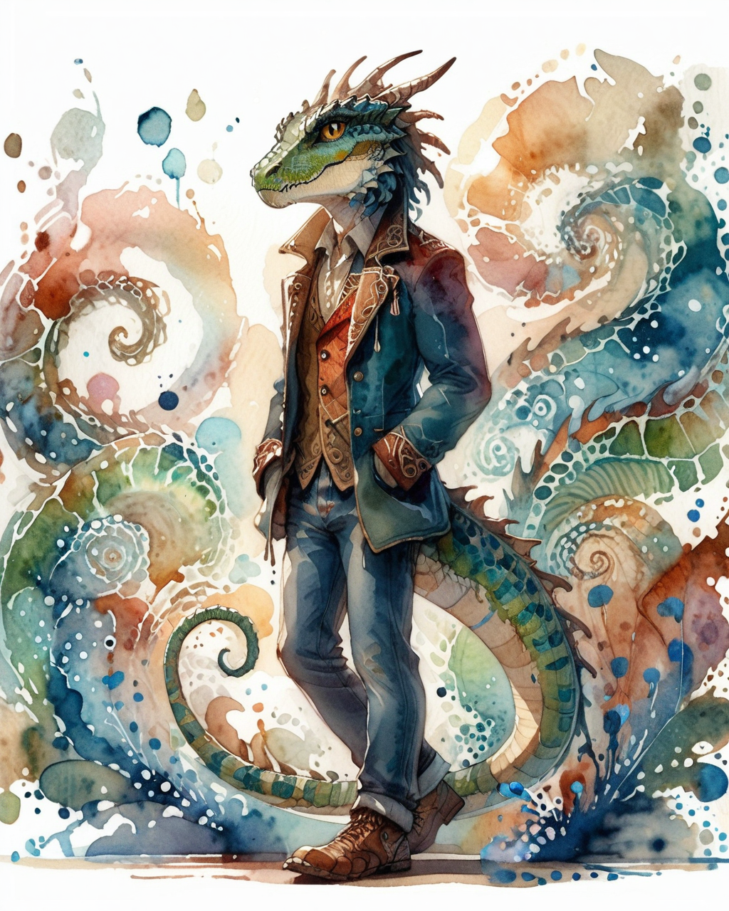 score_9, score_8_up, score_7_up, intricate details, rating_safe,
<lora:SoftWatercolors:1>, SoftWaterColor, 1boy(,
anthro furry, Lizardfolk, 
full body, looking at the viewer, solo, friendly expression), detailed background, depth of field, subsurface scattering, 
<lora:ral-chrosc-clr:0.3>, ral-chrosc-clr,
<lora:xl_more_art-full_v1:0.3>,
<lora:add-detail-xl:0.3>