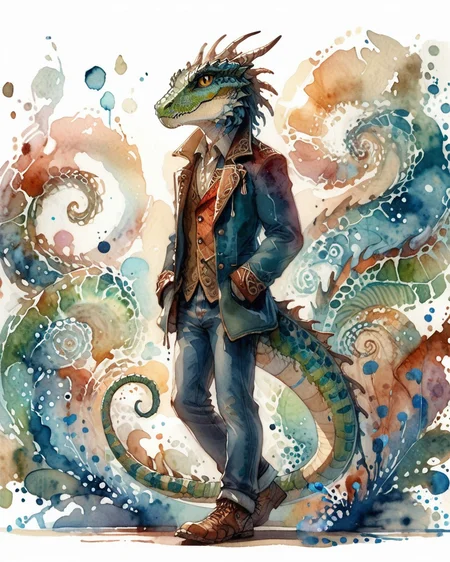 score_9, score_8_up, score_7_up, intricate details, rating_safe,
<lora:SoftWatercolors:1>, SoftWaterColor, 1boy(,
anthro furry, Lizardfolk,
full body, looking at the viewer, solo, friendly expression), detailed background, depth of field, subsurface scattering,
<lora:ral-chrosc-clr:0.3>, ral-chrosc-clr,
<lora:xl_more_art-full_v1:0.3>,
<lora:add-detail-xl:0.3>