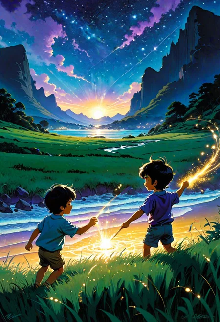 fluorescent horizon,
Two boys play on the seashore under a starry sky painted in vibrant shades of blue, purple and gold. One of them waves his hand, releasing a golden stream of sparks into the night sky, as if performing magic. While the other, raising his hands, enthusiastically watches this spectacle. The scene is complemented by thickets of grass in the foreground and dramatic mountains on the horizon, creating a serene atmosphere of magic and the boundless imagination of childhood.
Art by Bernie Wrightson, Darek Zabrocki, Gabriele Dell'otto, Ai Yazawa, Alexi Bricot, Studio Ghibli Genshin Impact