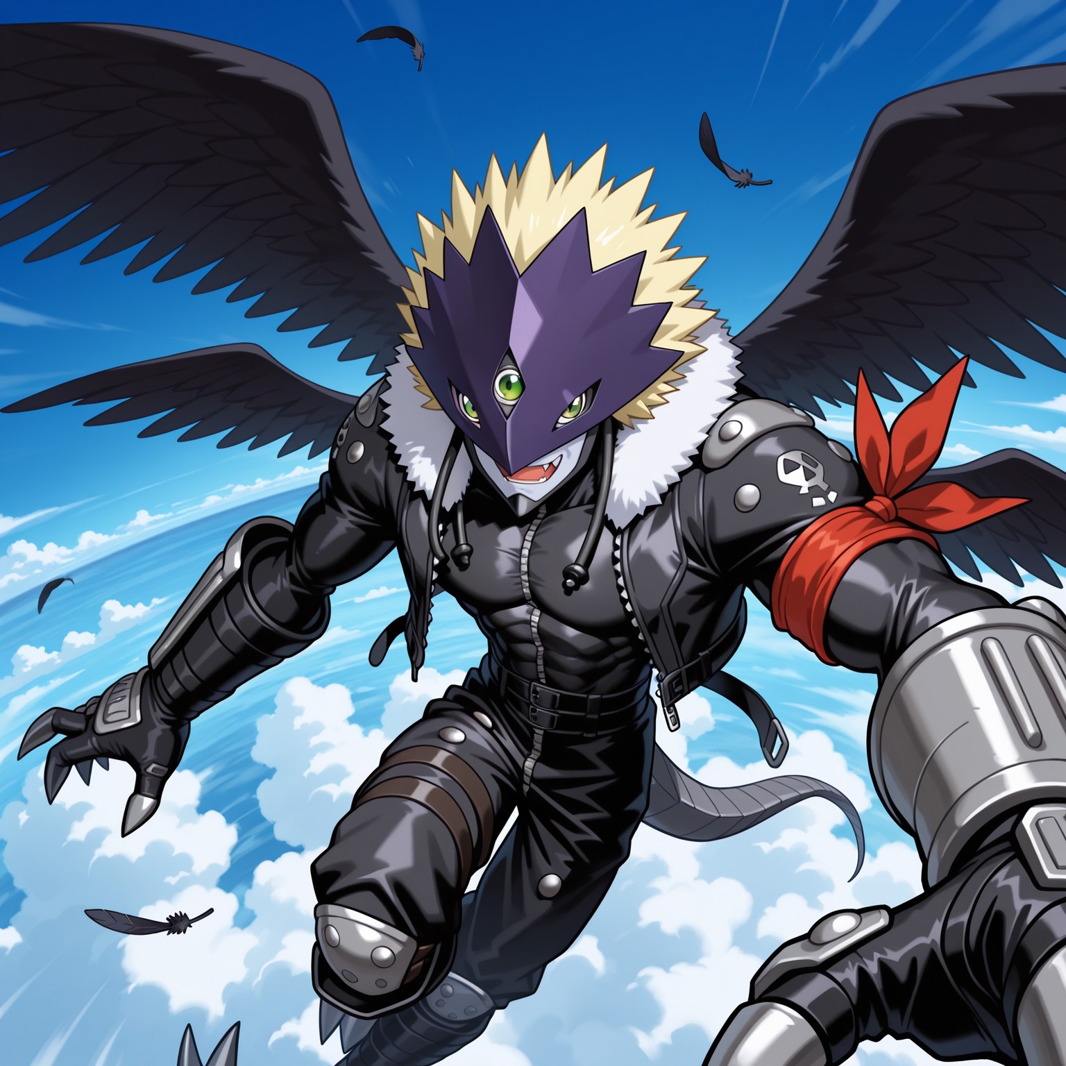 2d, solo, 1boy, male, Beelzemon, Blast mode, digimon (creature), humanoid, green eyes, third eye, purple mask, blonde hair, spiky hair, colored skin, gray tail, scaly steel tail, muscular, abs, pecs, claws, four wings, black wings, small lower wings,  fangs

Fur trim, single red arm bandana, Zipper, skin tight shirt, black leather shirt, black open jacket, cropped jacket, long sleeves, black belts, black leather pants, black boots, steel arm pads, steel knee pads, steel toed boots, 

BREAK outside, clouds, open mouth smile, flying, in the air, from above, looking up at viewer, happy, sunny day, black feathers

BREAK best quality, amazing quality, very aesthetic, absurdres, newest, masterpiece, high quality