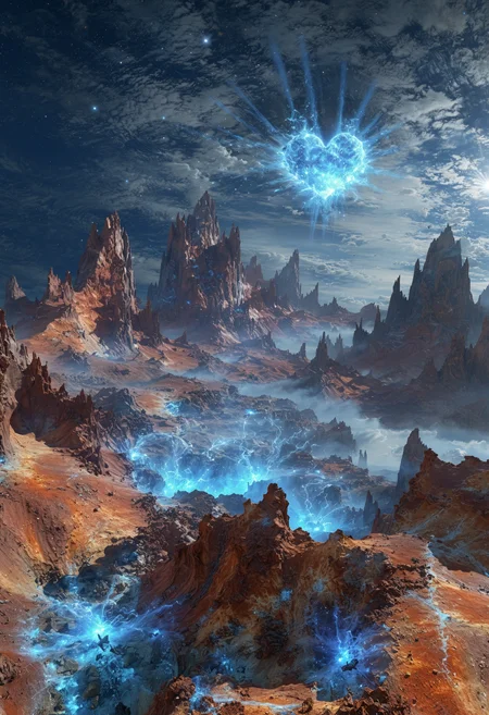 Photorealism: In the heart of the Xeridian planet, bathed in the radiant, electric blue light of the gargantuan star, Azura, a surreal, dreamlike landscape unfolds, where iridescent, crystalline structures of varying shapes and sizes - from delicate, gossamer filaments to majestic, glowing behemoths - hover, weightless, above the rust-hued, fine-grained terrain, their facets and surfaces reflecting the intense, luminous beam in dazzling, kaleidoscopic patterns, while, in the distance, wispy, cirrus-like clouds of ionized gases are streaked across the cerulean sky, like wisps of silk, and, at the horizon, a range of crystalline, razor-sharp mountains, their peaks lost in the luminous haze, stand sentinel, as if guarding the secrets of this ethereal, otherworldly realm.