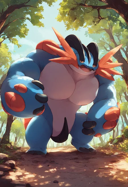 Score_7_up, score_8_up, full body, from below, low angle,
BREAK,
MegaSwampert, beefy, mega evolution, pokemon (creature), plump, big pecs, detailed skin, standing upright, blue skin, orange body parts, smile, smug, half open eyes, looking at viewer,
Outdoors,