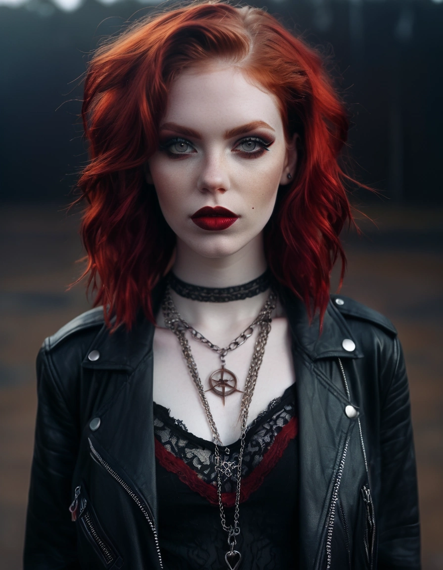 analog photo, 1girl,   (occult:1.4),  ginger-haired beauty with vibrant crimson locks styled in loose waves, few strategically placed strands framing her face, bold, fiery red lipstick, smoky eyes with dark liner, shimmering eyeshadow, chunky chain necklace adding an edgy touch, fitted black leather jacket layered over lace-trimmed camisole, rebellious grin, highly detailed, 4k