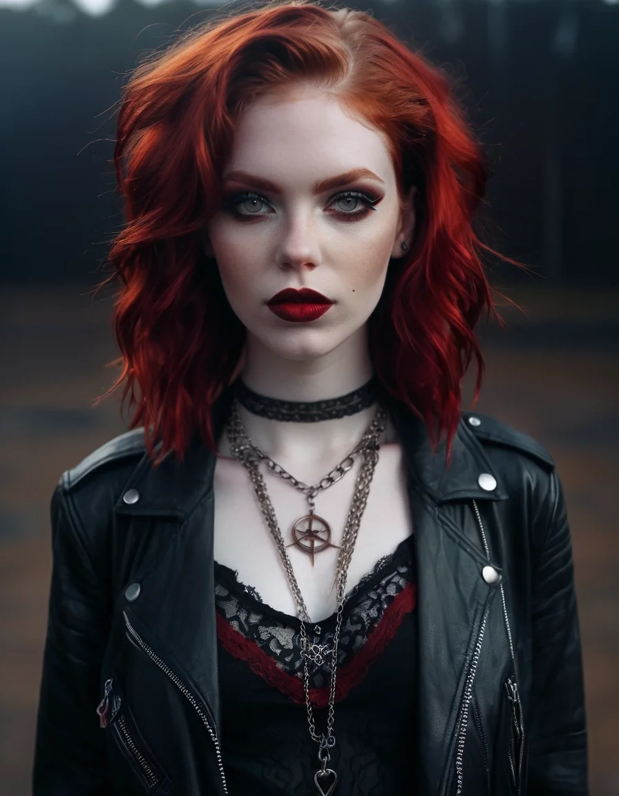 analog photo, 1girl, (occult:1.4), ginger-haired beauty with vibrant crimson locks styled in loose waves, few strategically placed strands framing her face, bold, fiery red lipstick, smoky eyes with dark liner, shimmering eyeshadow, chunky chain necklace adding an edgy touch, fitted black leather jacket layered over lace-trimmed camisole, rebellious grin, highly detailed, 4k