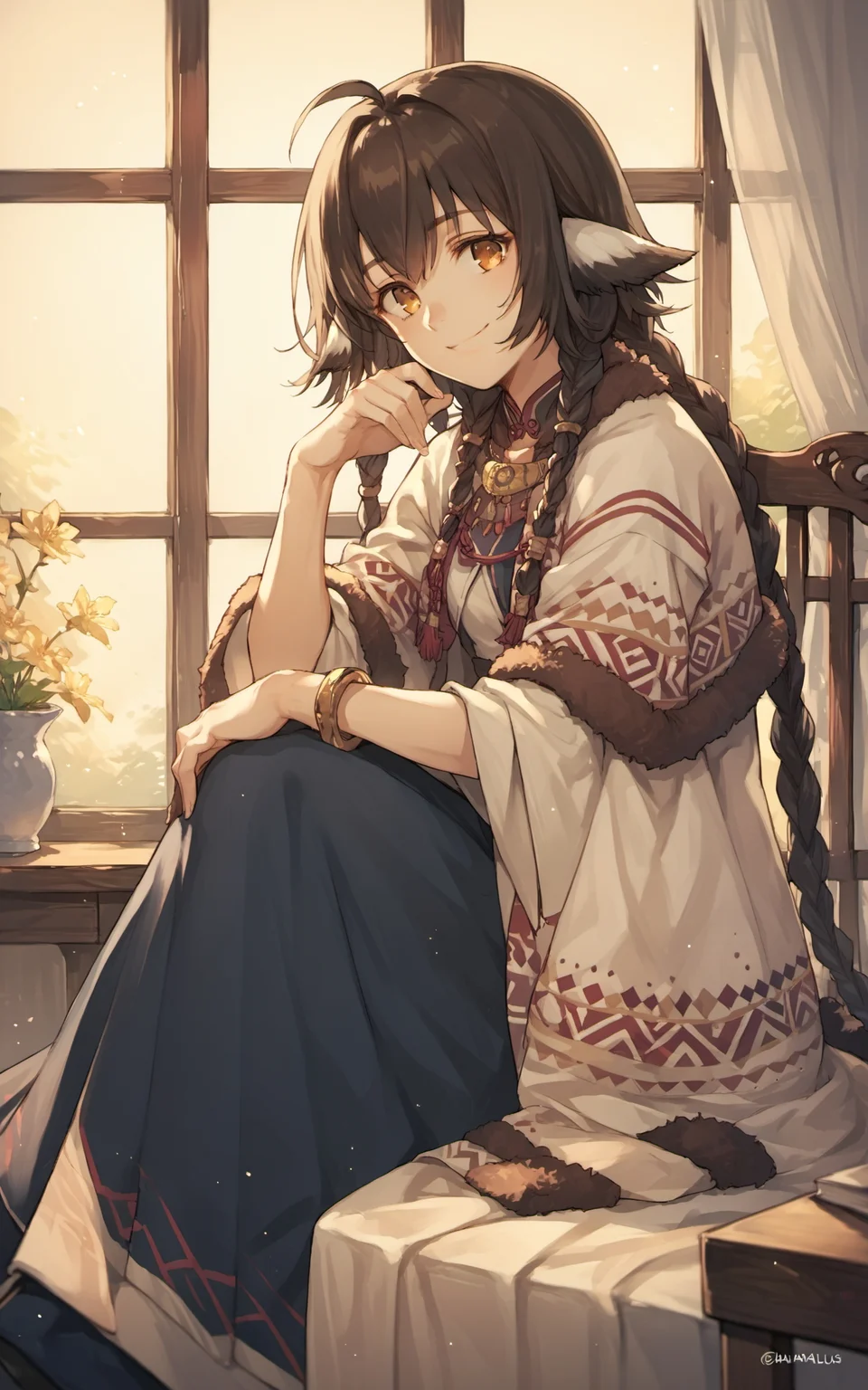 score_9,score_8_up,score_7_up,score_6_up,score_5_up,score_4_up,source_anime,1girl,<lora:anjuutawarerumono_pony:0.8>,anju \(utawarerumono\),anju_formal,sitting,smile