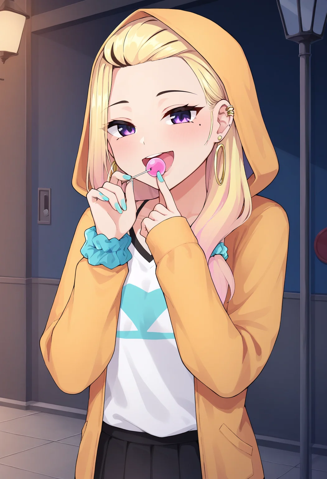 score_9, best quality, masterpiece, uncensored, source_anime
BREAK
1girl, animal print, aqua nails, blonde hair, candy, ear piercing, earrings, eating, eyelashes, female focus, forehead, gradient hair, gyaru, hair ornament, hair scrunchie, holding candy, holding lollipop, hood up, hoodie, hoop earrings, long sleeves, looking at viewer, mole, mole under eye, multicolored hair, nail polish, open mouth, piercing, purple eyes, scrunchie, standing, cowboy shot, smile, solo, teeth, pleated skirt, street background
<lora:yeun_pony_v1-000006:0.7>