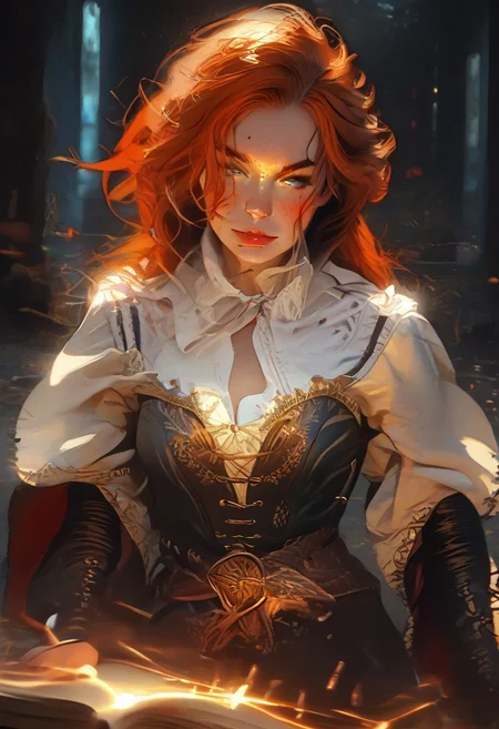 Safe_pos, (score_9, score_8_up, score_8), ultra detailed, high resolution, high quality, masterpiece, intricate details, intricate body, intricate landscape, knva, Expressiveh, hkmagic, missfortune, European Instagram Model, Sorceress, Wizard, Casting Thunder Magic Spells, Magic Circle, Thigh Strap, 1girl, source_cartoon, triss merigold, 1girl, solo, red hair, freckles, green eyes, hair bun, ((Dark-Auburn Hair, Blue Eyes, Full Lips, Delicate and Smooth Skin, Blush Perfect Body, Highly Detailed, Glossy Lips)), Beautiful, Attractive, (Long Hair, Shiny Hair), (Wizard), ((Femme Fatale)), Tight-Fitting Blue-and-White Dress, Corset, Sexy, Belt, Brown Thigh-High Boots, Fantasy, Medieval, ((Extremely Detailed Face and Eyes)), Looking at Viewer, (Flirty Smile), Soft Lighting, Warm Lighting, Unique Angle, Unique Perspective, Dramatic Angle, ((Full Body)), From Above, Tomes in Background, Magic Book, Ritual