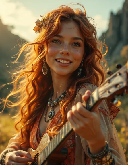 Create an ultrarealistic portrait of a captivating bard with flowing auburn hair and tender green eyes ablaze with intense passion, holding an enigmatic yet fiery gaze that captivates the viewer. She is laughing heartily, her wide-open smile radiating pure joy, with her eyes crinkling at the corners, and her head slightly tilted back in a moment of uncontainable laughter. The bard plays an enchanting melody on her instrument as sunlight streams through her flowing hair, creating a halo effect, while sparkling particles dance in the warm golden light, adding a magical quality to the atmosphere. She wears a flowing, vibrant dress adorned with intricate floral patterns that shimmer in the light, complementing the hues of the sunset sky. Around her neck, she sports a delicate silver necklace adorned with intricate charms that glimmer in the light, and her wrists are adorned with beaded bracelets that jingle softly with every movement. Capture the scene from a 'bug's-eye view' perspective to enhance the sense of wonder. Depict the intricate details of the musician's facial expressions, the delicate interplay between the instrument's strings, and the vibrant sunset sky reflecting off the glossy wood. This portrait emphasizes the intensity of her joy, where the interplay between light and shadow magnifies the vibrant energy in her expression and the intricate details of her complexion, creating an emotional gradient that suggests time has paused to listen to the bard's timeless tale. <lora:ImageUpgraderV2:0.55> photo, professional, realistic, detailmaximizer <lora:ARTifacts:0.6> art1fact <lora:fantastic-realism:0.25> f4nt4st1c <lora:- Flux1 - soothing_atmo_V2.0:0.5>