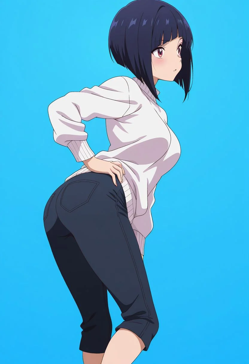 masterpiece, best quality, amazing quality, anime coloring, anime screencap, 1girl, inverted bob, white sweater, capri pants, black pants, black hair, blue background, simple background, twisted torso,
