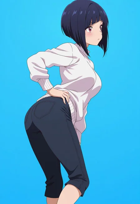 masterpiece, best quality, amazing quality, anime coloring, anime screencap, 1girl, inverted bob, white sweater, capri pants, black pants, black hair, blue background, simple background, twisted torso,