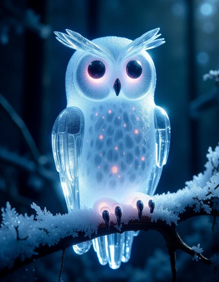 glittering night, ice sculpture, vivid, cuteness overload, sci-fi ice horror styled . anatomical, unmaterial, bones, forest background, contoured, surrealism, close up photography by Shaddy of a close up cute transparent ghostly vivid happy dreamy owl ice monster sitting on a tree branch inside fully transparent body, detailed transparent feathers, bioluminescence, leaves, ethereal, ice, looking in camera, sky, sleek, modern., fairytale, fantasy, by Andy Kehoe, soft sepia, artistic water drops, dynamic pose, tender, soft pastel colors, octane render, soft natural volumetric light, atmospheric, sharp focus, centered composition, professional photography, complex background, soft haze, masterpiece. animalistic, beautiful, tiny detailed, crystalz <lora:ral-crystalz:1>