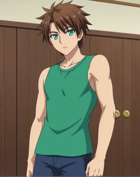score_9, score_8_up, source_anime, anime screencap, original style, depth of field, BREAK, rating_safe, 1boy, solo, male focus, <lora:toujou_basara_pony:1>, toujou_basara_pony, brown hair, green eyes, short hair, bangs, cowboy shot, sleeveless shirt, green shirt, shorts, thighs, expresionless, standing, looking at viewer, facing viewer, <lora:sdxl_lightning_8step_lora:1>
