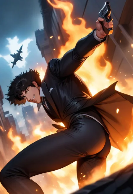best quality, very aesthetic, absurdres, (fire and flame) ,blue water ,wind and storm,stone ,Spike Spiegel,brown eyes, smile,black hair,1boy,(1man), spaceship, <lora:Cbebop-background:1.5> ,glowing,(cowboy shot), dutch angle, swing down , pistol ,smoke ,muscular, <lora:fightingpose:0.6> squat, fighting, pose,big butt, torn pants pushed to the side, bulge, large bulge, suit, detailed eyes, perfecteyes, torn pants