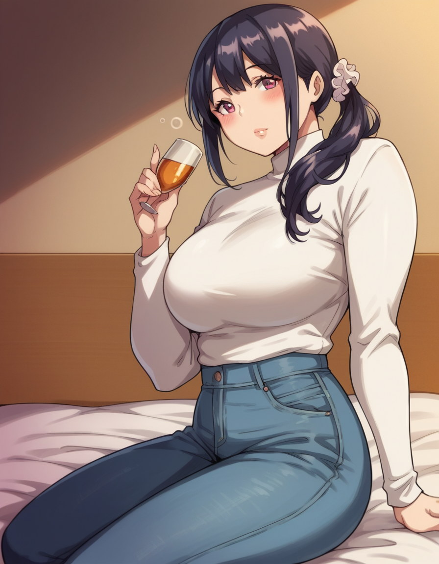 score_9, score_8_up, score_7_up, source_anime, <lora:hitomi-rinmuro-ova-ponyxl-lora-nochekaiser:1>, hitomi rinmuro, long hair, large breasts, black hair, hair ornament, purple eyes, ponytail, scrunchie, hair over shoulder, lips,, sweater, turtleneck, long sleeves, pants, denim, white sweater,, indoors, bed, bed room, on side, blush, drunk, looking at viewer, solo,, cowboy shot, dutch angle