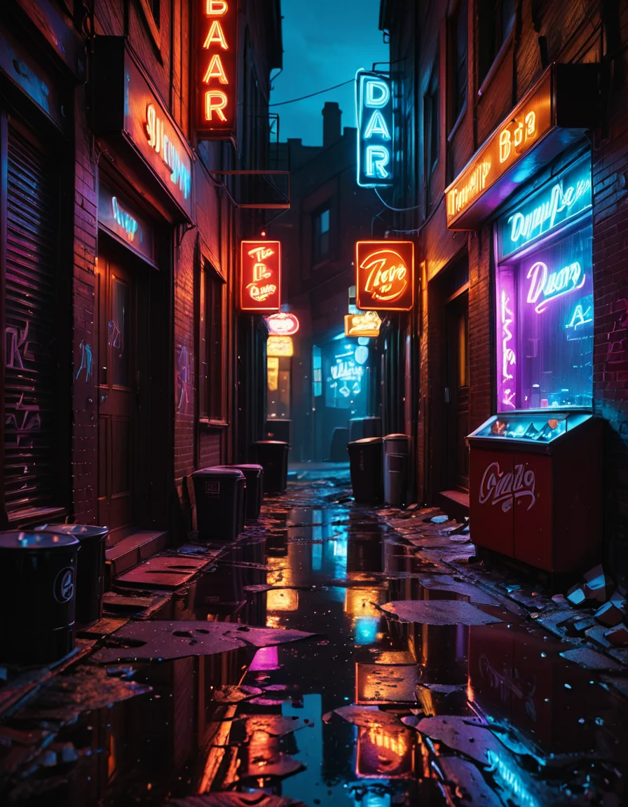 A highly detailed and realistic photograph of a dark alleyway behind a bar at night. The narrow passage is dimly lit by a flickering neon sign casting a moody red and blue glow onto the wet pavement. The walls are made of old, weathered brick covered in graffiti, with metal fire escapes zigzagging above. Trash bags and discarded crates are scattered along the alley, and a few puddles reflect the neon lights, adding depth to the scene. A single, dented metal door with a small, barred window leads into the back of the bar, with a faint warm light seeping through the cracks. The air is thick with mist, and the distant hum of the city is broken only by the occasional drip of water from a rusted drainpipe. A sense of mystery and urban grit fills the atmosphere, evoking a cinematic, noir-style aesthetic.
<lora:SDXLFaeTastic2400:0.4> <lora:extremely_detailed:0.4> extremely detailed, <lora:all3yway-ill:1>,all3yway, Masterpiece,best quality,hi res,8k,hi res,8k,award winning,(sharp focus, intricate, highly detailed),