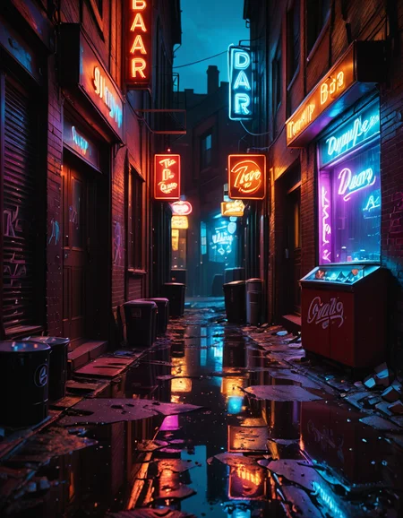 A highly detailed and realistic photograph of a dark alleyway behind a bar at night. The narrow passage is dimly lit by a flickering neon sign casting a moody red and blue glow onto the wet pavement. The walls are made of old, weathered brick covered in graffiti, with metal fire escapes zigzagging above. Trash bags and discarded crates are scattered along the alley, and a few puddles reflect the neon lights, adding depth to the scene. A single, dented metal door with a small, barred window leads into the back of the bar, with a faint warm light seeping through the cracks. The air is thick with mist, and the distant hum of the city is broken only by the occasional drip of water from a rusted drainpipe. A sense of mystery and urban grit fills the atmosphere, evoking a cinematic, noir-style aesthetic.
<lora:SDXLFaeTastic2400:0.4> <lora:extremely_detailed:0.4> extremely detailed, <lora:all3yway-ill:1>,all3yway, Masterpiece,best quality,hi res,8k,hi res,8k,award winning,(sharp focus, intricate, highly detailed),