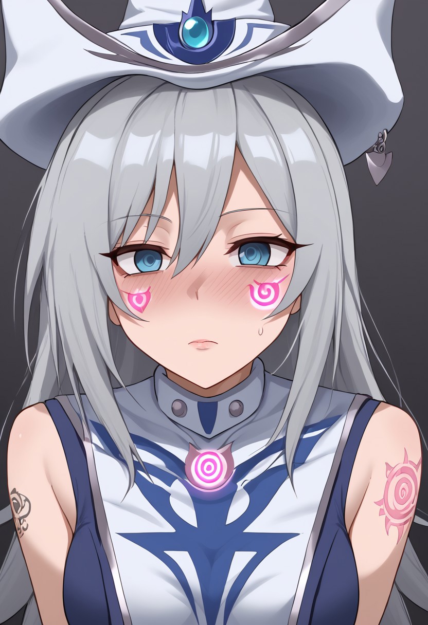 Silent magician hypnotized by tattoo,
score_9, source anime, lewd, 1girl,
mind control, hypnotized, empty eyes, dull eyes,
(spiral shaped tattoo, pink glowing tattoo), tattoo on cheek, glowing writing,
silent magician, grey hair, long hair, blue eyes,