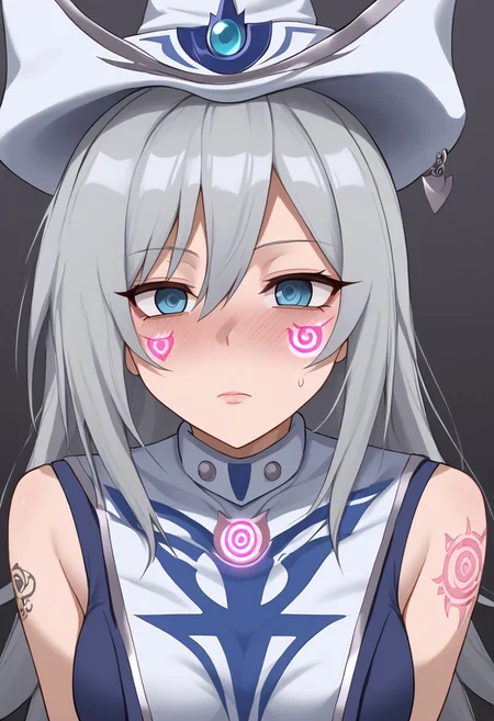 Silent magician hypnotized by tattoo,
score_9, source anime, lewd, 1girl,
mind control, hypnotized, empty eyes, dull eyes,
(spiral shaped tattoo, pink glowing tattoo), tattoo on cheek, glowing writing,
silent magician, grey hair, long hair, blue eyes,