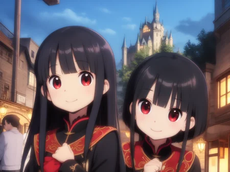 best quality, masterpiece, black hair, red eyes,  dark castle, lighting, outdoor, dark light, cunning smile