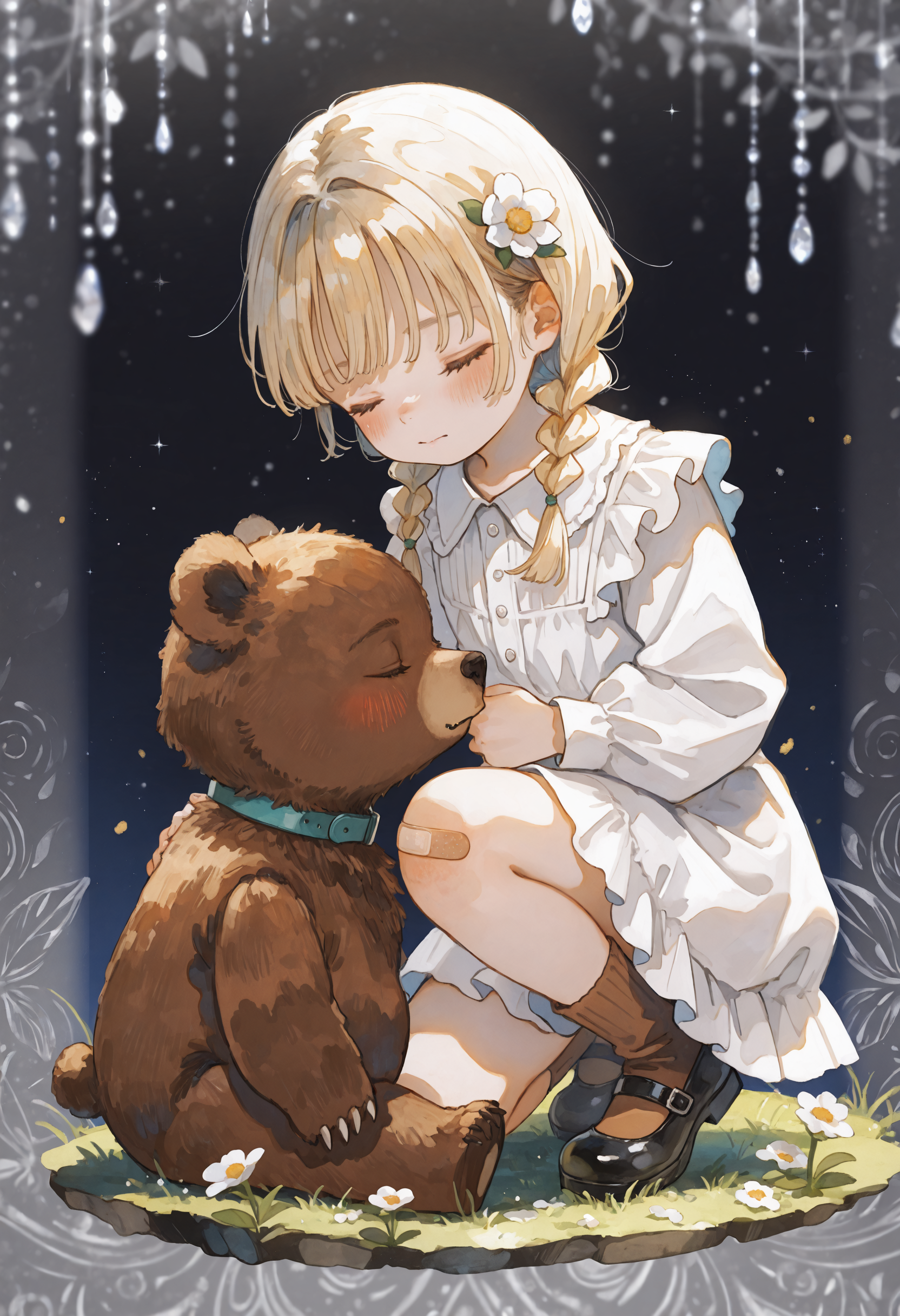 masterpiece, best quality, newest, absurdres, highres, very awa, anime screencap, limited palette, no lineart:1.3, watercolor \(medium\), painting \(medium\), traditional media, ambient occlusion, depth of field, intricate background, grey background, ethereal glow, 1girl, blonde hair, teddy bear, stuffed animal, dress, stuffed toy, white dress, twin braids, braid, bandaid, black footwear, socks, on one knee, child, flower, long sleeves, shoes, blush, closed eyes, bandaid on leg, mary janes, full body, bear, bandaid on knee, hair ornament, hair flower, closed mouth, white flower, brown socks, frills, collared dress, solo, twintails, grass, medium hair, collar, short hair, low twin braids, watercolor \(medium\)