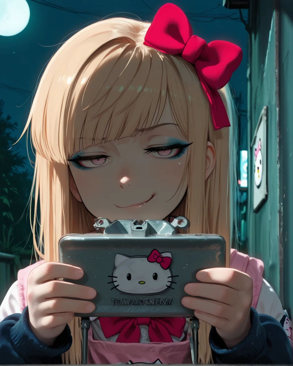 embedding:IllusP0s, claymore_\(mine\), front toward enemy, holding, 1girl, solo, angled bangs, long hair, eyeliner, smirk, hair bow, hello kitty logo, outdoors, night<lora:claymore_mine.safetensors:1.0:1.0> <lora:scenequ33n_ill.safetensors:1:1>