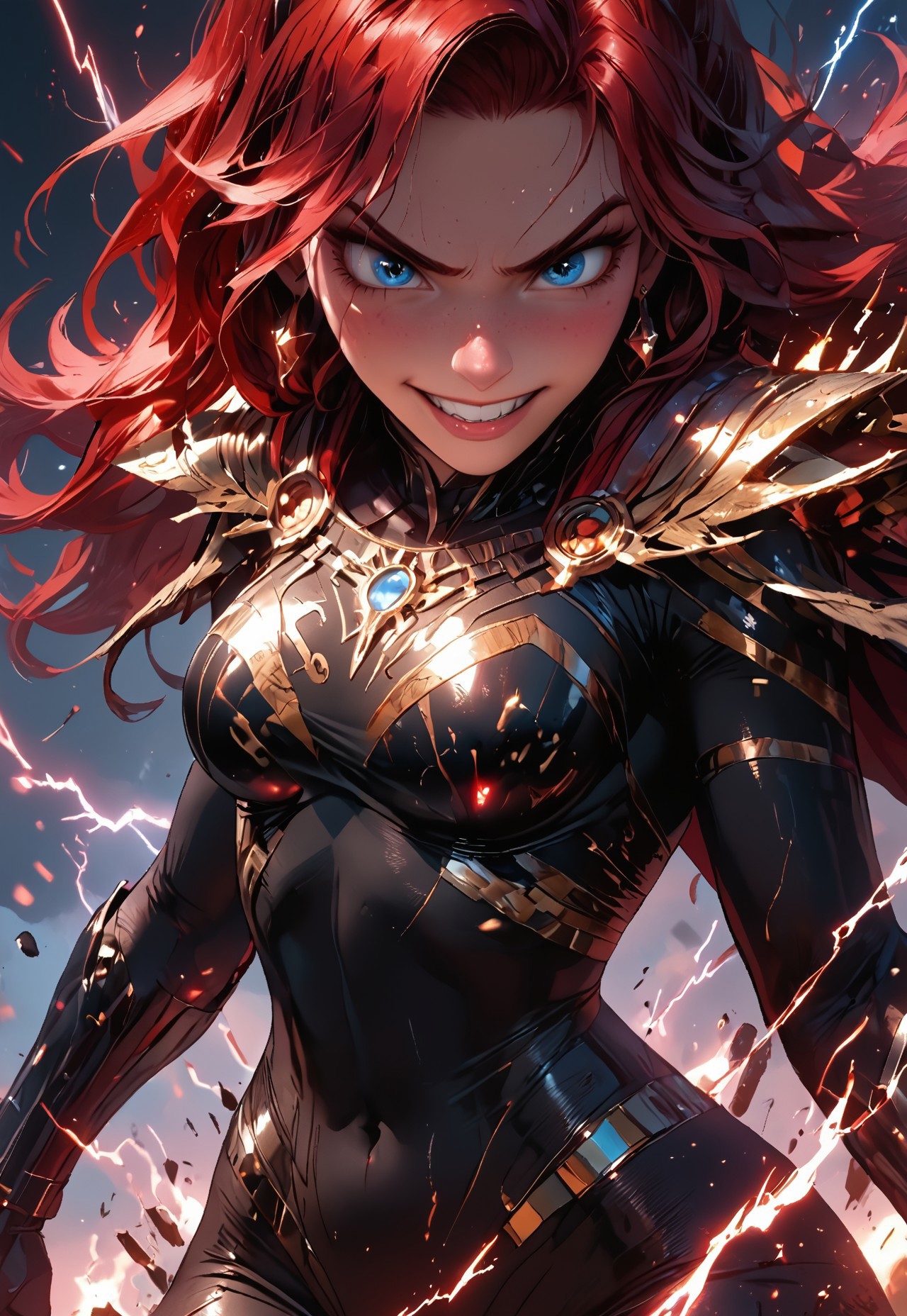 safe_pos, 1girl, solo, 18 year old girl, detailed face:1.4, stunning beauty:1.5, long legs, large body, powerful sorceress:1.3, large saggy breasts, flushed cheeks, fierce expression:1.6, furious grin:1.4, manic grin:1.3, snarling, showing teeth, grimacing in pain:1.3, long hair, dynamic hairstyle, deep rich (dark crimson) hair:1.5, freckles:1.4, looking into distance, looking away:1.3, earrings, completely black armor:1.5 with bright red glowing patterns:1.5, glowing mystic runes, shiny armor, reflective armor, skin tight clothing, torn clothing, gauntlets, thigh highs, long cape, cape billowing behind her:1.4, arcane energy:1.4, lightning, sparks, purple energy waves, wicked, sharp canines:0.7, glowing bright blue eyes:1.2, vivid detailed eyes, charging power:1.4, exposed thighs, shiny/glossy skin, detailed skin, realistic skin, stomach exposed, midriff exposed, navel exposed, dynamic pose, 

active battleground, streaming red flags, battlefield, flaming projectiles, debris flying, explosions, fire, lightning, 

score_9, score_8_up, score_8, masterpiece:1.3, best quality, official art, extremely detailed, CG unity 8k wallpaper, highly detailed, absurdres, high definition, photorealism:1.5, detailed shading, dynamic lighting, high contrast, ambient occlusion, vibrant colors:1.5, saturated colors:1.6, ray tracing, 

close up shot, dynamic angle, source_anime, close shot, face focus, cinematic:1.3, epic:1.5,

expressiveh, mythp0rt, 
