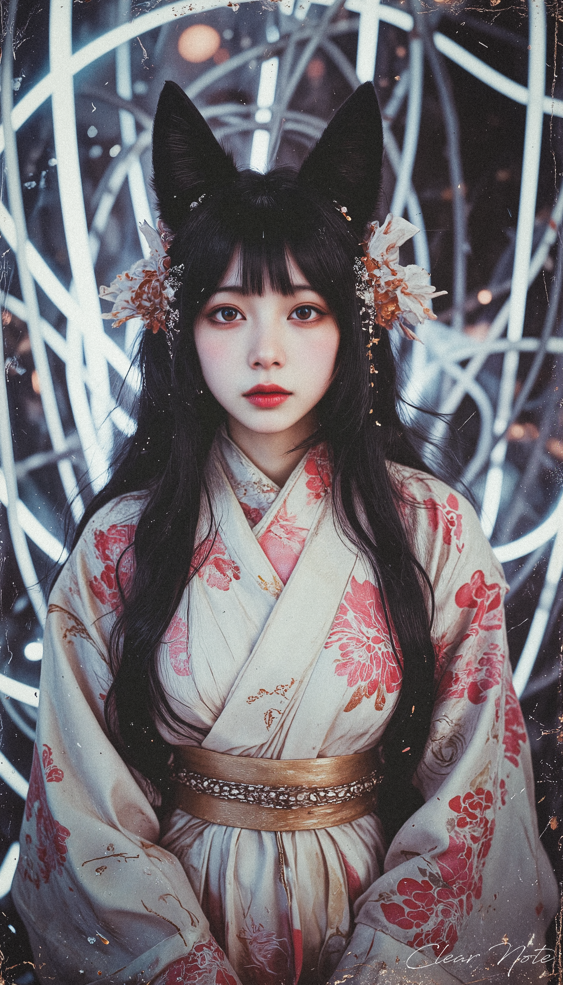 Neo Photorealistic Art Style, A Japanese girl with fox ears and flowing black hair wears a floral white furisode. She embodies Neo-Japan futurism, set in a surreal, intricate white background of modern complexity.