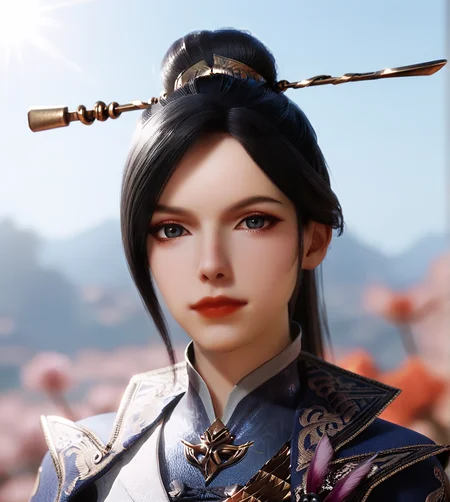 score_9_up,score_8_up,score_7_up,score_3D,(portrait:1.2),1girl,solo,(looking at viewer),black single hair bun,hair ornament,hair pins,hair stick,high collar,chinese clothes,day,blue sky,sunlight,soft focus,depth of field,<lora:æç½å¤§é2-å¨æ¼ªãPonyã:0.75>,zhouyi,<lora:ç¼é¨ç»èå¢å¼ºãPonyã:0.6>,<lora:Stable_Yogis_PDXL_Positives:1>,