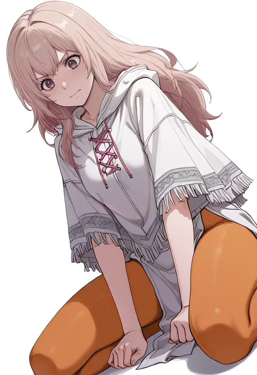masterpiece,high quality details,
 <lora:Kazusa_Ootori_V2:0.8>
kazusa_cnr, 1girl, light brown hair, long hair, brown eyes,, simple background, white background, dutch angle,solo,, nervous,surprised,, serious face,seated with legs folded under,half-kneeling position,, loincloth,poncho   ,pantyhose, ,orange pantyhose,