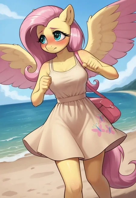 score_9, score_8_up, score_7_up, score_6_up, realistic illustration, dramatic angle, beach, outdoors, close view, 1girl, solo, fluttershy, (anthro pony), 18 yo, tail, wings, petite body, shiny skin, medium breasts, dynamic pose, dramatic angle, running, blush, blushing, (beige dress), knee length dress, embarrassment, embarrassed face, pink bag over shoulder