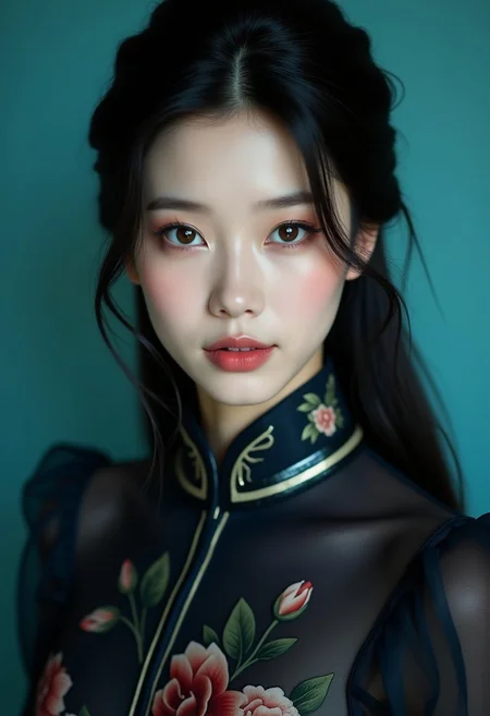 embedding:pureerosface_v1, A stunning real medium breasts Korean woman with long flowing dark hair, her piercing gaze directly addressing the viewer. score_9, score_8_up, score_7_up, (ultra HD quality details), High Fashion,upper-body, close-up, large breasts, [1]a stunning real medium breasts Korean woman with long, flowing dark hair, her piercing gaze directly addressing the viewer. score_9, score_8_up, score_7_up, 4k, high quality, (best quality:1.1), realistic, photorealistic, close-up, upper body, (ultra HD quality details), High Fashion, A highly detailed, realistic digital photo of a Korean woman 28yo with a pale complexion, emphasizing her enigmatic and mystical aura,, high resolution, rich textures, and contemplative mood. Her eyes are a deep piercing and brown, dynamic, dramatic, haute couture, elegant, ornate clothing, dark straight hair in an elegant updo with a few loose strands framing her face, wearing a high-collared garment with floral patterns in a dark, against a cyan gradient background,
