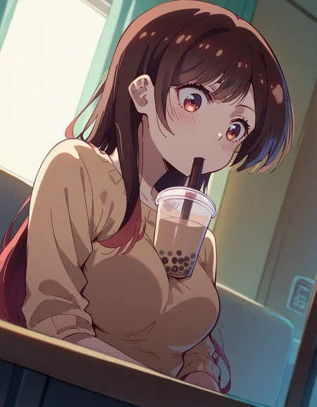 score_9, score_8_up, score_7_up, source_anime, chizuruichinose, <lora:chizuru-ichinose-s1-ponyxl-lora-nochekaiser:1>, chizuru ichinose,, <lora:bubble-tea-challenge-ponyxl-lora-nochekaiser:1>, bubble tea challenge, bubble tea, object on breast, drinking straw, drinking straw in mouth, drinking, cup,, indoors, sitting, looking down,, cowboy shot, dutch angle,