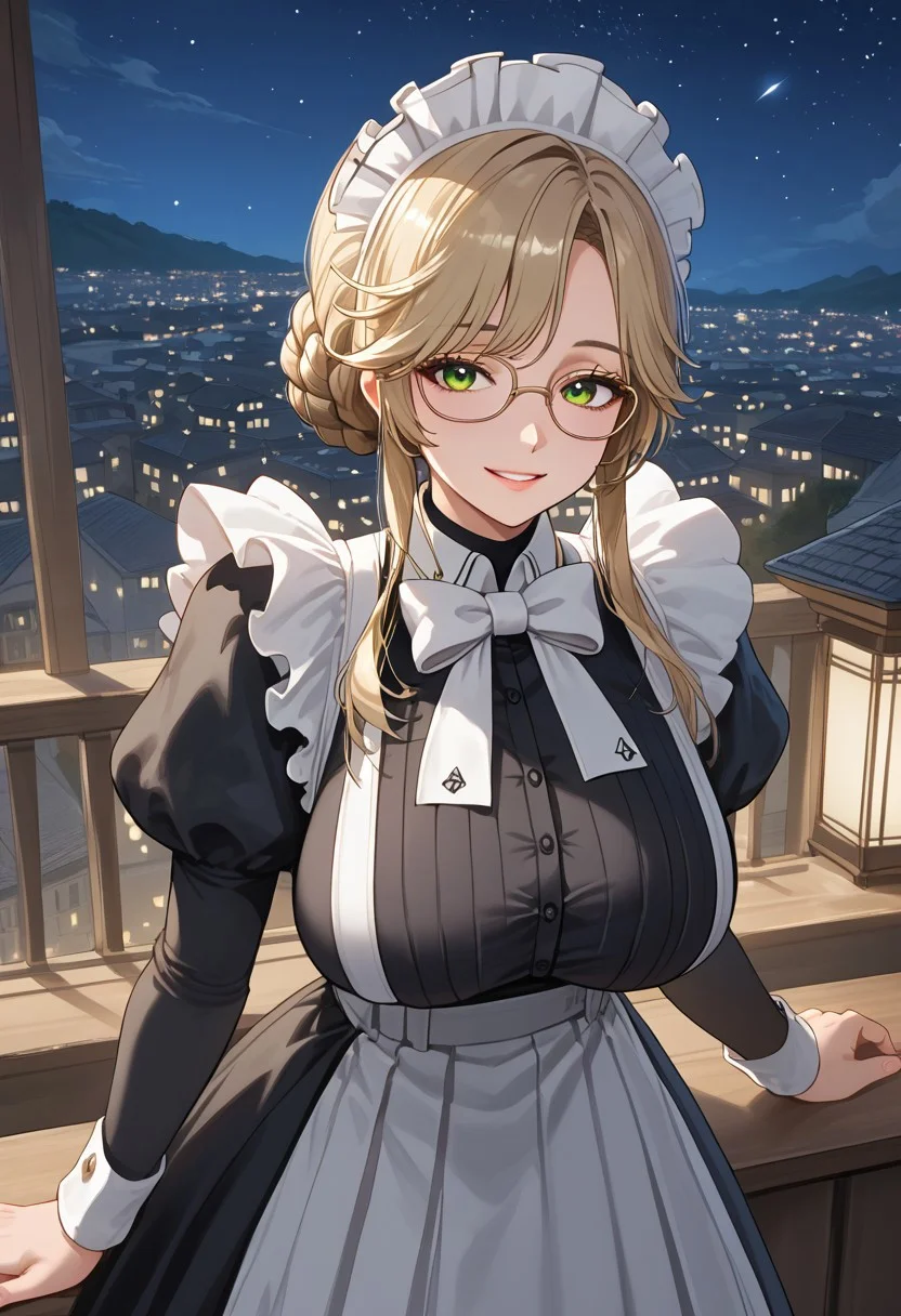 score_9, score_8_up, score_7_up, score_6_up, score_5_up, perfect anatomy, perfect anatomy hands, source anime, anime screencap, masterpiece, expressive eyes, volumetric lighting, bloom, post processing, Expressiveh, perfect anatomy, perfect anatomy hands, source_anime, detailed face, masterpiece, best quality, , solo, BREAK 1girl, solo, <lora:ade-nikke-richy-v1_pdxl:1> ade, green eyes, glasses, blonde hair, bangs, braid, hair bun, ade, green eyes, glasses, blonde hair, bangs, braid, hair bun, maid, maid headdress, white bow, juliet sleeves, puffy sleeves, frills, maid apron, natural huge breasts, natural breasts, half smile, front view, eye level, cowboy shot, dutch angle, view from above, facing viewer,
standing, outdoor, open area, night, evening, terrace, roof deck, rails, high rise buildings, tall buildings, city lights, evening, detailed night sky, clear sky, stars, round table,