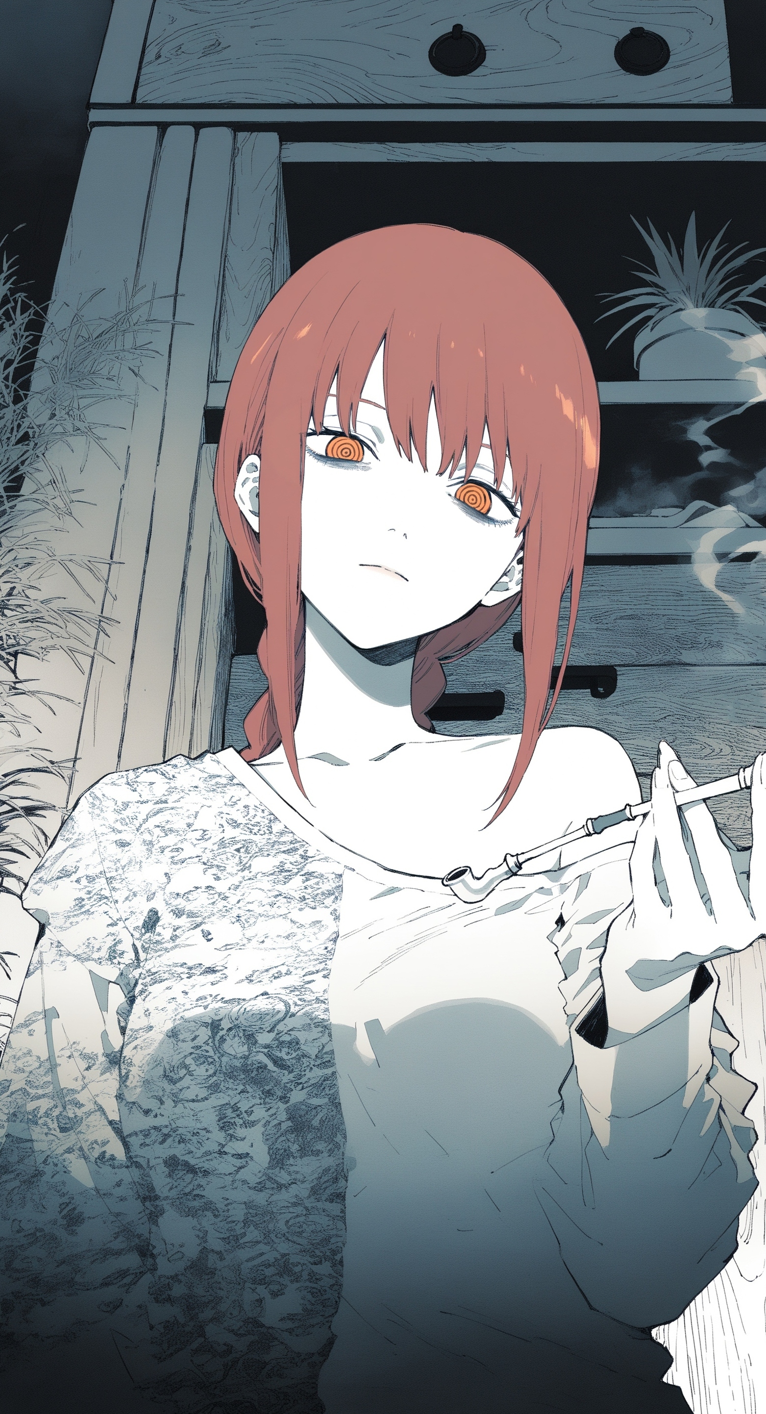 (by maki keigo:1.2)  linear hatching, hatching \(texture\),  
makima \(chainsaw man\), holding smoking pipe,  1girl,  portrait, upper body, looking at viewer,  expressionless, (single bare shoulder:1.2), single off shoulder,  head tilt, looking down, from below,  indoors, potted plant,  
(messy unfinished sketch:1.3),  limited palette, bags under eyes,  flat color, partially colored, multiple monochrome,  textured, patterned, cabinet, closet, wooden texture, 
masterpiece, best quality, amazing quality, very aesthetic,
<lora:nhl-004:0.9>  nhl-004,