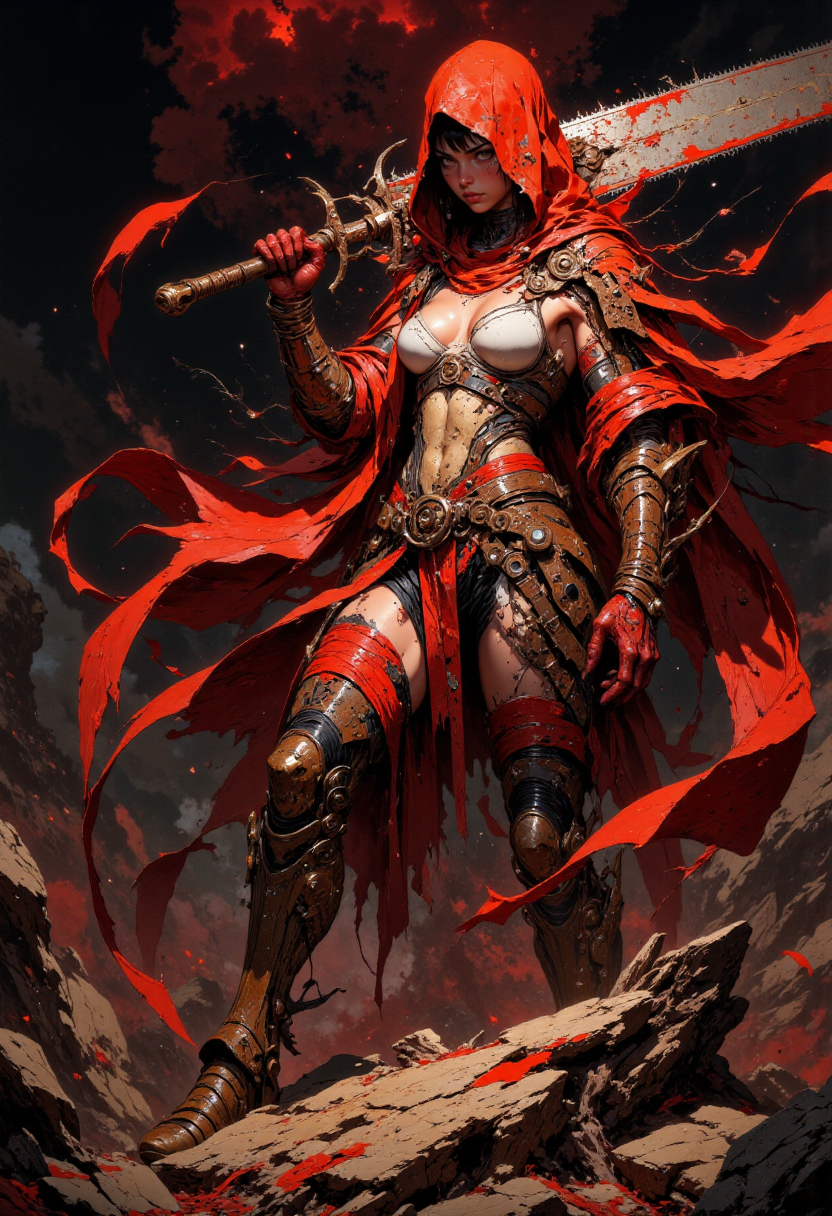 cinematic photo. a female warrior in a dramatic pose. The character is a sexy fit woman with light skin, wearing a tattered, blood-stained outfit composed of bra and red and beige fabric strips. The warrior's face is partially obscured by a red hood, and she has a determined expression. She hold a large, menacing chainsaw-like weapon over her shoulder, which is detailed with spikes and mechanical elements. The background is a dark, ominous landscape with a reddish-brown sky, adding to the intense atmosphere. The character stands on a rocky surface, with a defeated creature beneath her foot, emphasizing her dominance and strength. The overall color palette is dark and moody, with shades of red, brown, and black dominating the scene. 35mm photograph, film, bokeh, professional, 4k, highly detailed
<lora:Anime v1.3:0.6> <lora:VividlySurreal:0.6> <lora:FLUX-daubrez-DB4RZ-v2:0.4>  <lora:FluxMythP0rtr4itStyle:0.6>