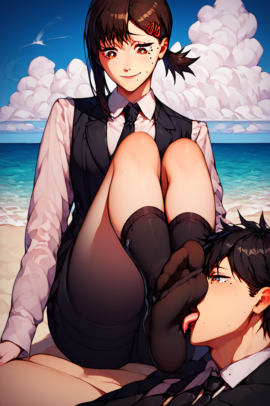 score_9, score_8_up, score_7_up, score_6_up, score_5_up, score_4_up,   <lora:kobeni-higashiyama-ponyxl-lora-nochekaiser:0.8> , solo, kobeni higashiyama, black hair, hair ornament, hairclip, mole, mole under eye, ponytail, short hair, brown eyes, black necktie, black pants, business suit, formal, long sleeves, necktie, pants, suit, masterpiece, highres, highly detailed face, highly detailed shining eyes, symmetrical highly detailed eyes, beach, sand, sea, <lora:sock_pantyhose_licking-000017:1>, 1girl, 1boy, black socks, licking socks, 4_toes, femdom, looking down,