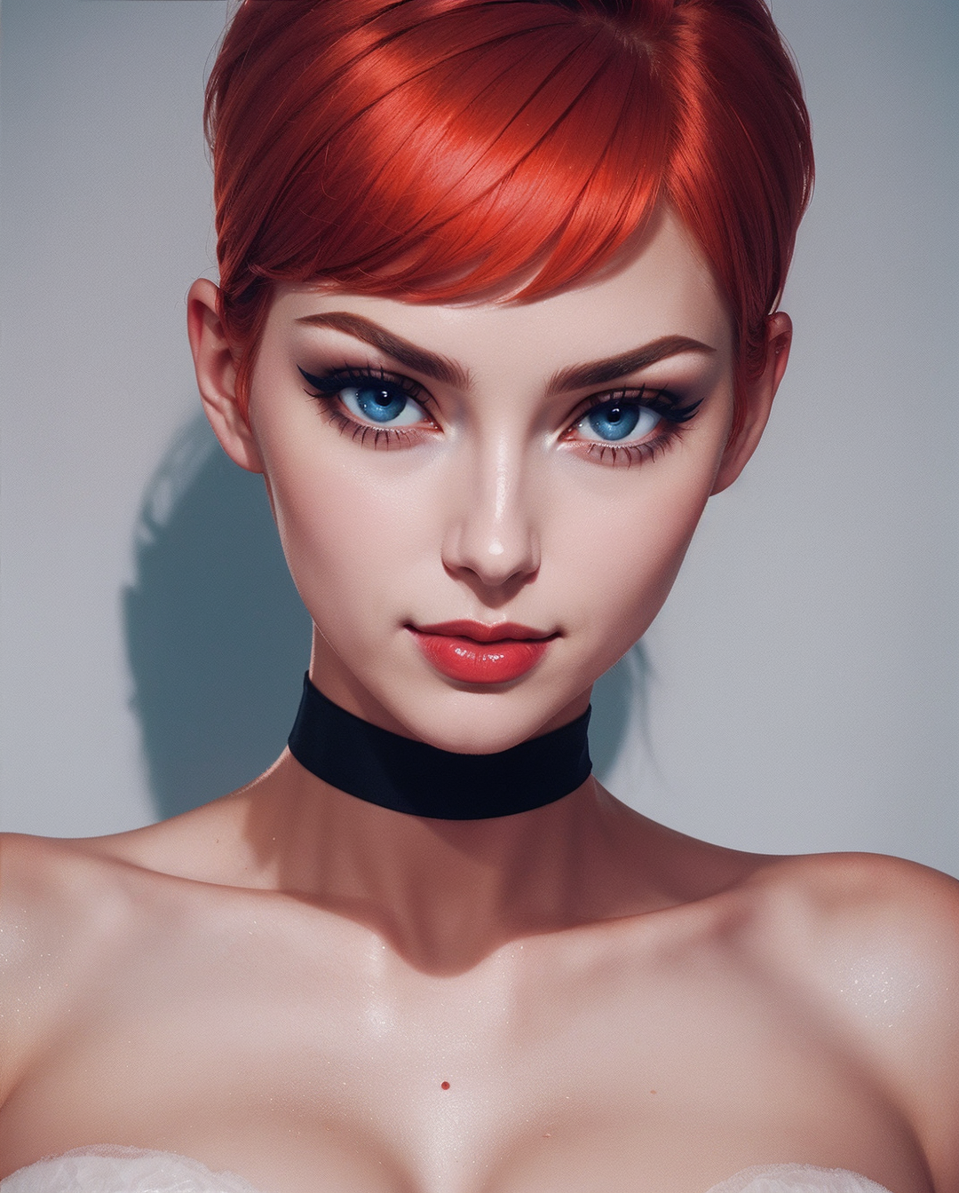 Speedpainting (Glamour:1.3) Photo of (German: 1.2) TV Actress Helga Braun short fine (Copper Red Hair) Stylish haircut,  (Light skin tone, smooth complexion:0.9), Fair Oval Face with Subtle High Cheekbones, Symmetrical, High Arch Eyebrows, Prominent Close-Set Eyes, Glacier Blue Eyes, Graceful Aquiline Nose Modest Thin Lips, Joyful Smile , (Hourglass figure:1.1),(large breasts:1.2), (cleavage:1.1), Wearing a midnight navy sequined garter belt with matching stockings, channeling the glamorous and seductive style of Tom Ford,,  skindentation, (Cowboy shot:1.3), lounging in Boudoir,(Cinematic Lighting), From Above  Shot using a (Canon Canonet QL19 Camera:1.3), using a (45mm f/1.9 lens:1.3), on (Fujicolor film:1.3), in the style of (Edward Steichen:1.3)