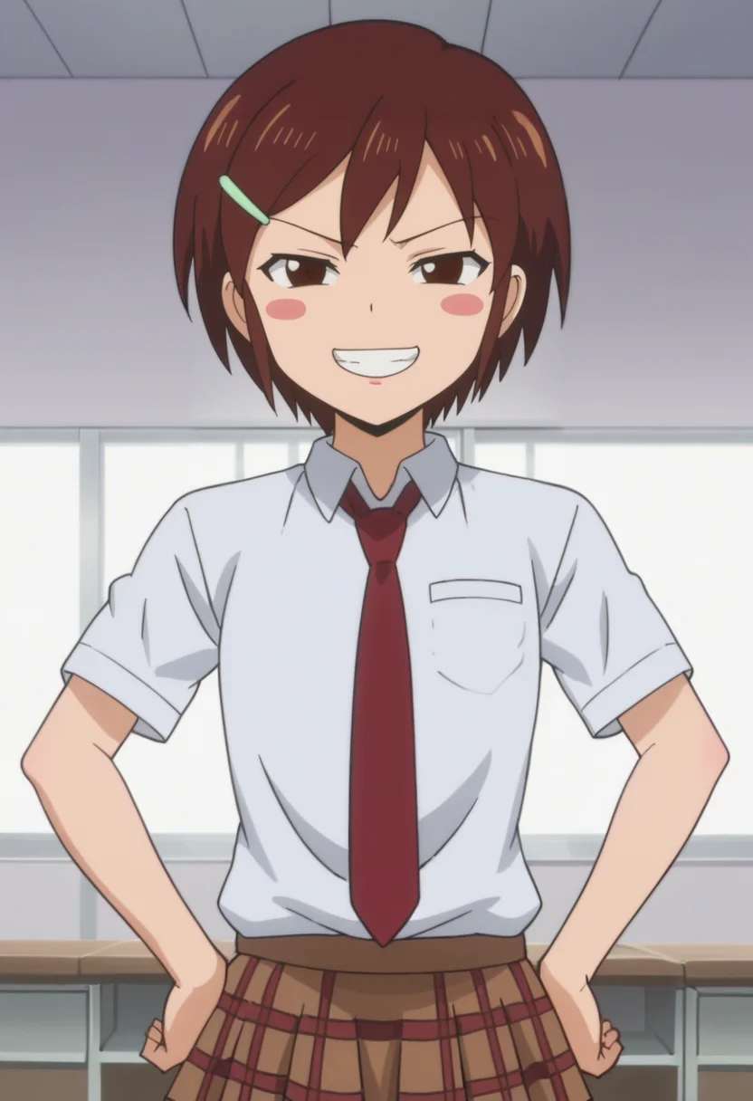 source_anime,anime screencap, anime coloring,intricate details,rating_explicit, masterpiece, best quality,
(best quality, absurd res, ultra detailed),,(4 finger:0.5),1girl, ((solo)), good eyes,perfect eyes,,detailed eyes, zPDXLxxx , zPDXL3,detailed, detailed face
BREAK
solo,indoors,standing,front view, upper body,hands on hips,
ringo, 1girl, brown eyes, brown hair, short hair, blush stickers, hairclip, school uniform,
white shirt, short sleeves, necktie, skirt,
smug, grin,
, <lora:add-detail-xl:2> <lora:Ringo:0.8>