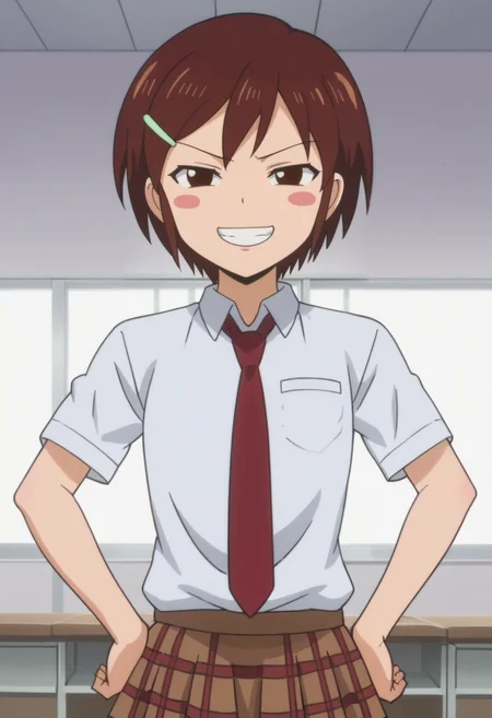 source_anime,anime screencap, anime coloring,intricate details,rating_explicit, masterpiece, best quality,
(best quality, absurd res, ultra detailed),,(4 finger:0.5),1girl, ((solo)), good eyes,perfect eyes,,detailed eyes, zPDXLxxx , zPDXL3,detailed, detailed face
BREAK
solo,indoors,standing,front view, upper body,hands on hips,
ringo, 1girl, brown eyes, brown hair, short hair, blush stickers, hairclip, school uniform,
white shirt, short sleeves, necktie, skirt,
smug, grin,
, <lora:add-detail-xl:2> <lora:Ringo:0.8>