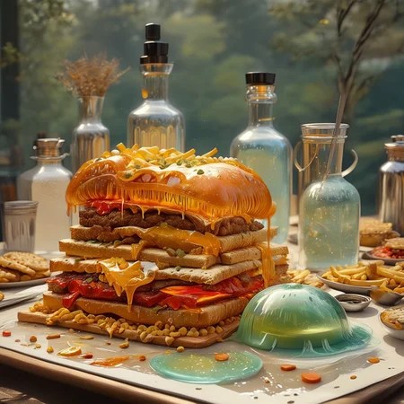 foodphoto, a cheeseburger and fries made out of slime, cheeseburger and fries on a plate, french fries, french fries made of slime, food made of slime, food still life, plate made of slime, table made of slime,
natural light, no bright spots,
((translucent slime)), ((transparent slime)), made of water, (bioluminescent slime), sl1m3, slime, slime-morph, ais-blmn, saturated colors, no creatures, no humans, no monsters, no pokemon, scenery only, scenery, ral-lava, watce
