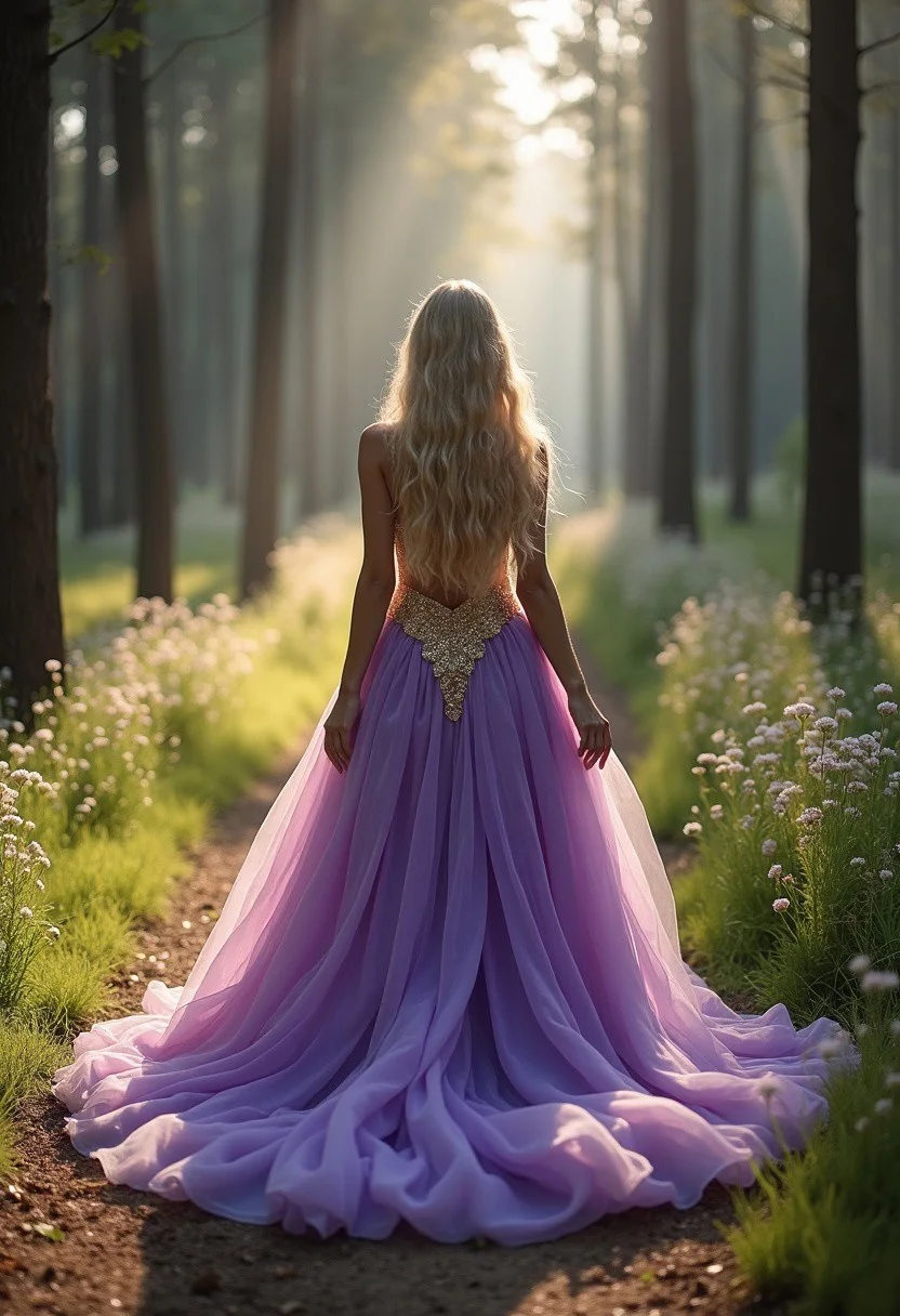 solo, Forest clearing. stunning woman. extremely long wavy blonde hair. luxurious purple dress. intricate patterns in gold. The voluminous material falls to the floor in waves. Eye-catching dress. Forest in light green and gray tones. flowers on the side of the path. The dress envelops the woman's feet like a gentle lagoon. Sunlight penetrates through the forest. Ethereal shine for the dress.  Play of light and shadow. Romantic atmosphere. Dress as a powerful symbol of passion. transparent dress
BREAK,
lightning background, cinematic lighting, shallow depth of field, photographed on a Sony a9 II, 50mm wide angle lens, sharp focus, ((view from back)),