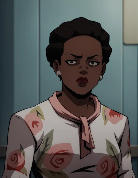 1girl, portrait, dress, indoors, short hair, dark skin, solo, pearl earrings <lora:Amanda_Waller:1> waller, score_9, score_8_up, score_7_up, score_6_up
