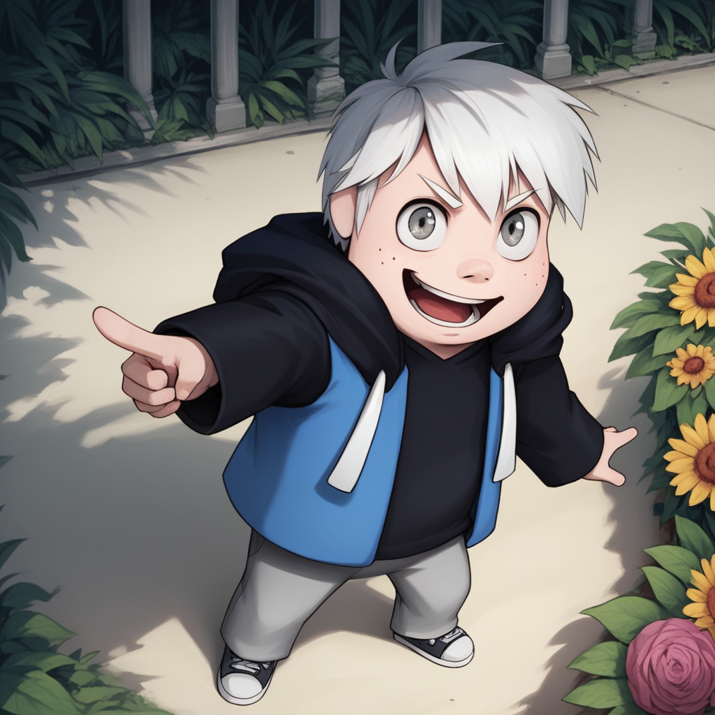 score_9, score_8_up, score_7_up, score_6_up, score_5_up, detailed, highres, masterpiece, horror \(theme\), source_anime, day, party, from above, looking at viewer, pointing up, <lora:rfgideon-v1-16:0.9> rfgideon, (gnome:0.5), (cub:0.5), 1boy, gray eyes, solo, two-tone hoodie, black t-shirt, grey pants,