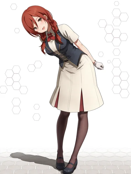 masterpiece,best quality,newest,
1girl,solo,
<lora:t_hibari_b_ilxl_v1.1:1>,t_h_b,red hair,twin braids,brown eyes,h_clothes,red ascot,white gloves,black vest,white skirt,black_pantyhose,:d,
<lora:Fixhands_anime_bdsqlsz_V1:1>,face_focus,looking_at_viewer,full body,honeycomb_background,head tilt,standing,:d,arms_behind_back,leaning_forward,light_blush,white_background,