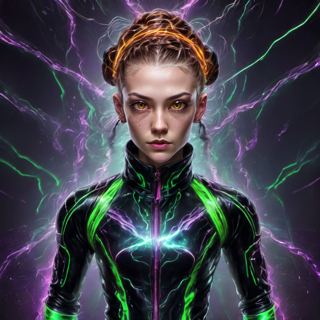 ((best quality)), ((masterpiece)), ((realistic,digital art)), (hyper detailed),DonMV01dfm4g1c3XL female Cyber Surveillance Specialist, Gene-spliced Hybrids, Beings resulting from genetic manipulation, exhibiting a mix of species traits, Geriatric, Refined, Native American, Honey eyes,  Bulbous Nose, Pointed Chin,  Soft Cheeks, Curved Forehead, Triangle face shape,   , Copper Crown braid hair, Pride, Tense Crouch, Character crouches low with arms tensed, prepared for a sudden action.,  wearing Olive  Leopard print Digital Mesh Leggings,  Holo-Mesh Wrap Jacket, , Quantum-Vinyl Fascinator Hat, , Augmented Stride, Character walks confidently with one foot forward, head slightly tilted, and eyes focused on a virtual display only they can see, octane rendering, raytracing, volumetric lighting, Backlit,Rim Lighting, 8K, HDR,   <lora:Voidmagic_XL_version-000014:1>