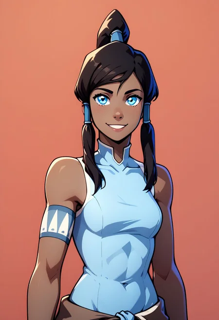 score_9, score_8_up, score_8, medium breasts, (curvy), cute, eyelashes,
rating safe,
BREAK,
aaKorra, blue eyes, black hair, ponytail, hair tubes, blue shirt, sleeveless, bare shoulders, armband,
,BREAK,
smile, looking at viewer, cowboy shot,
abstract background,
zPDXL, Expressiveh